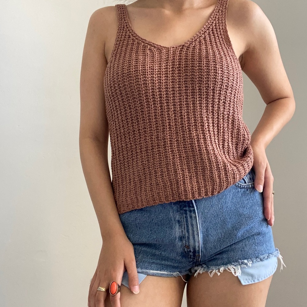 Moon & Madison Coffee Brown Crochet Knit Tank Top